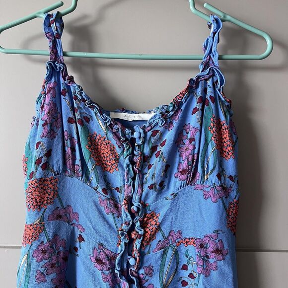 ASTR The Label Dress Womens Medium Blue Floral Ruffle Button Front Lined Midi - Picture 4 of 16